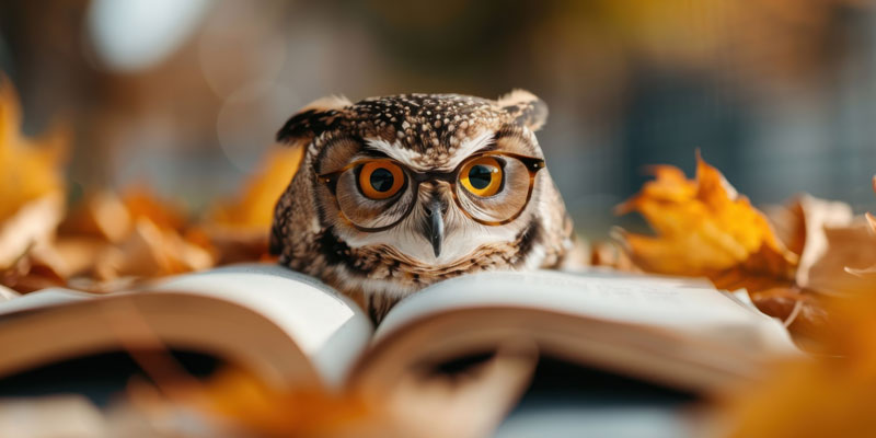 Owl wearing glasses and reading a book